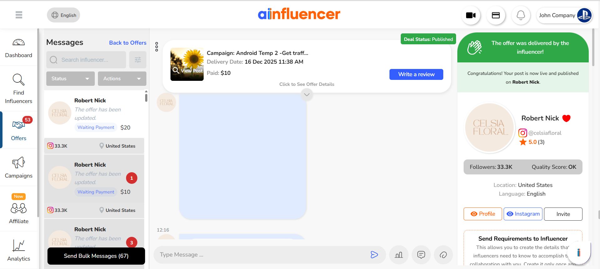 Direct Brand–Creator Communication on Ainfluencer