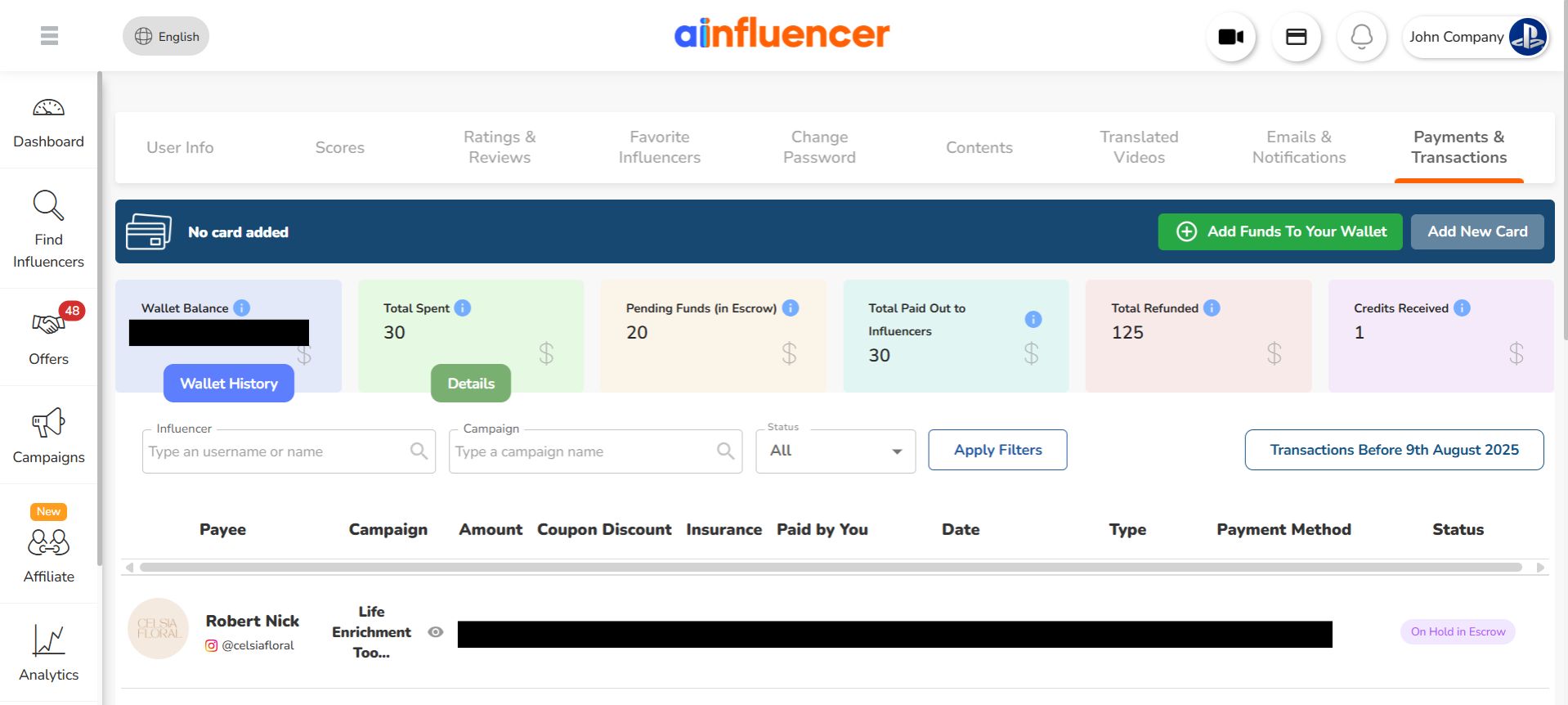 Escrow Payments on Ainfluencer