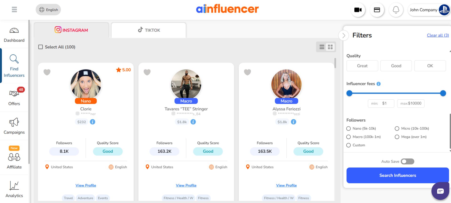 Smart Filtering on Ainfluencer