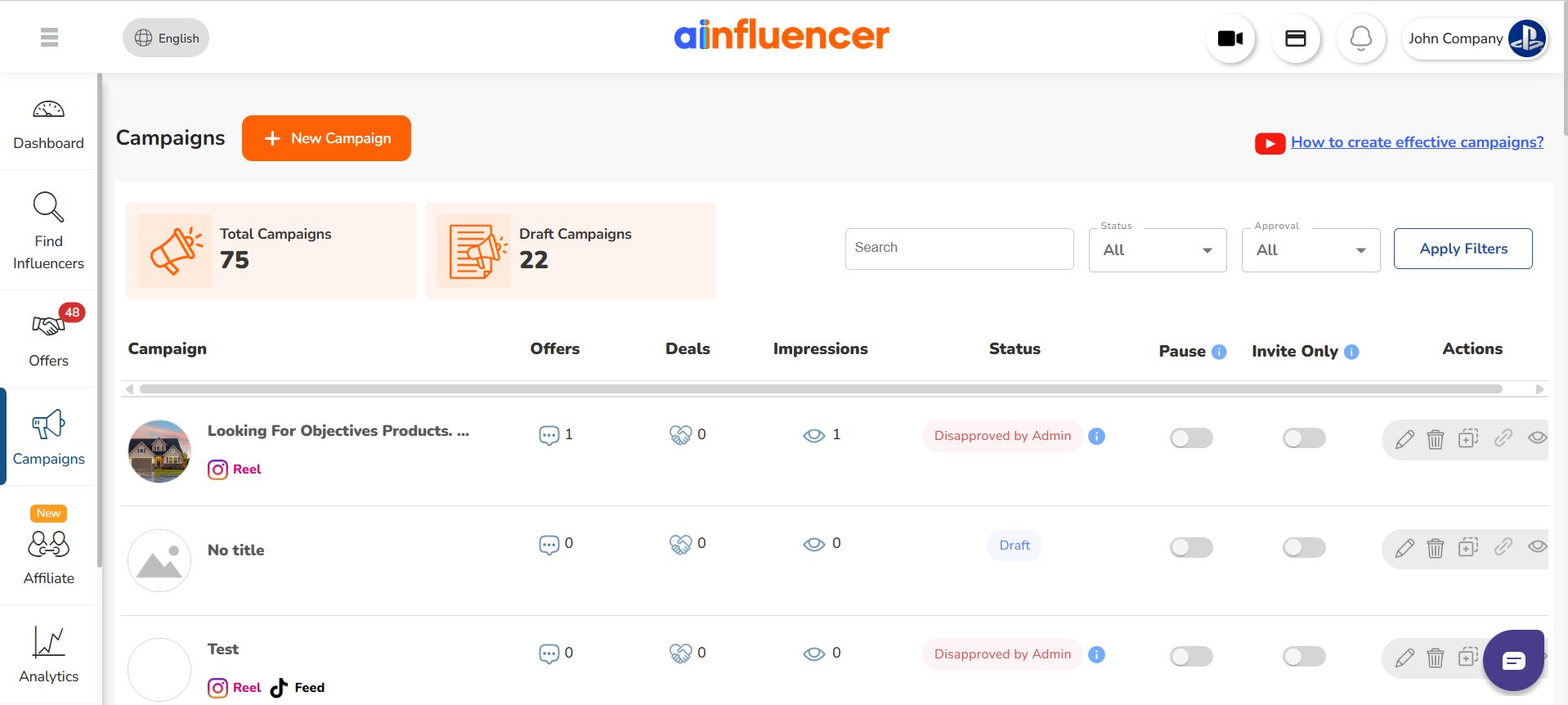 Unlimited Campaign Creation on Ainfluencer
