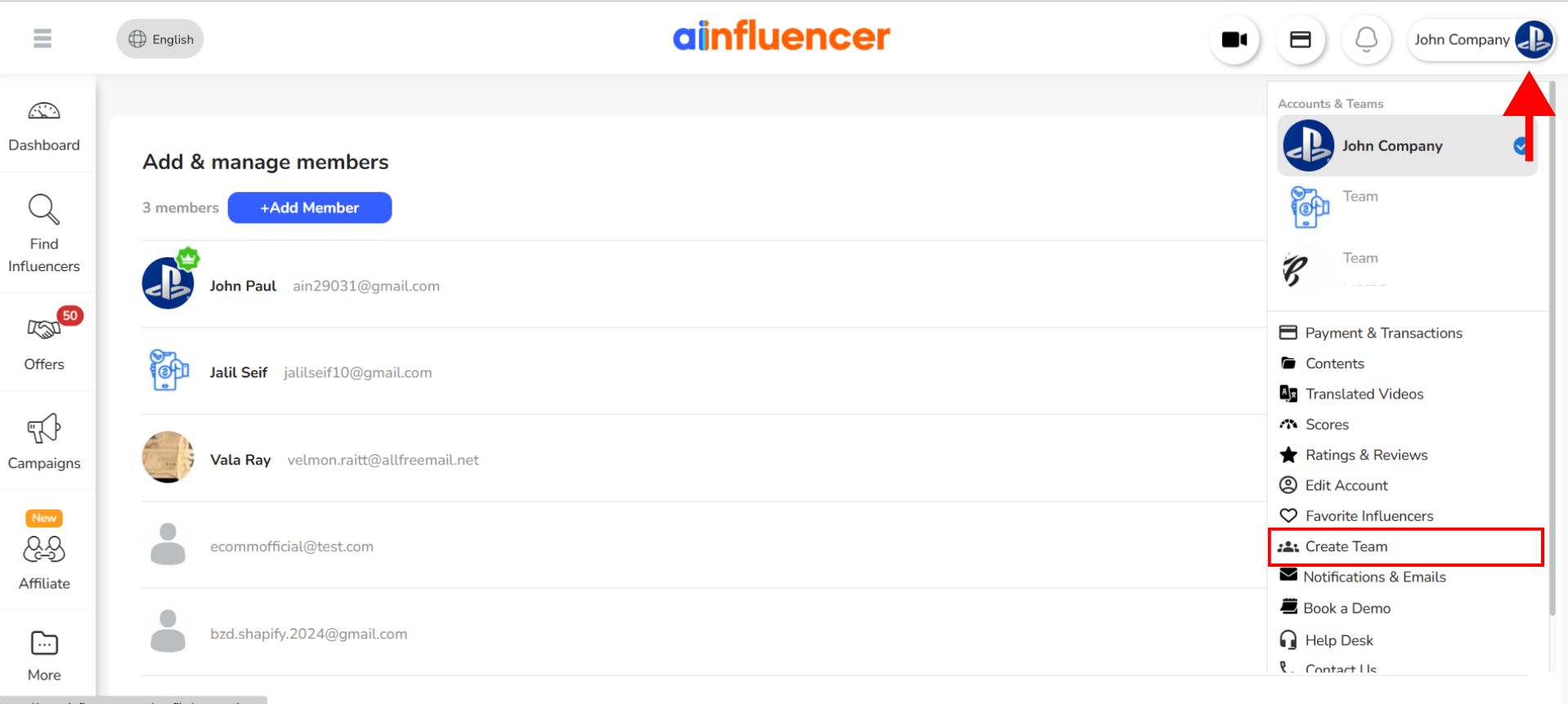 create a team on your Ainfluencer account