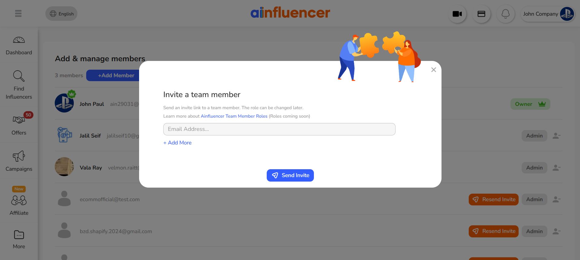 invite a team member to manage your campaigns on Ainfluencer