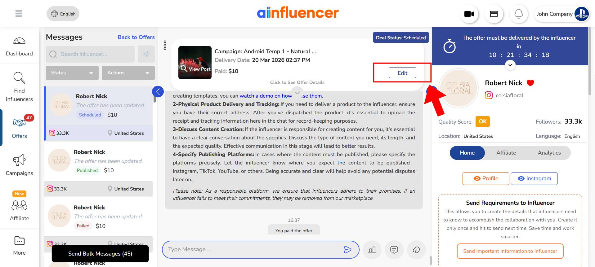 Edit the Deadline on Ainfluencer