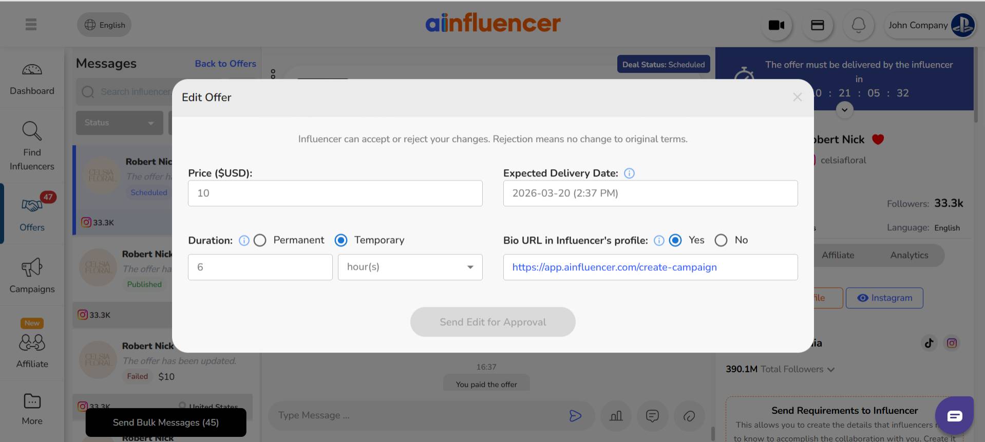 extend the deadline on Ainfluencer