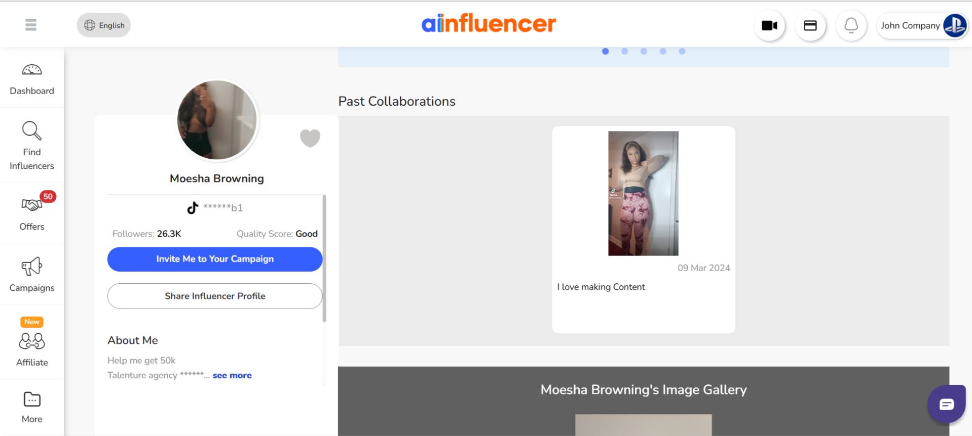 influencer’s Past Collaborations on Ainfluencer