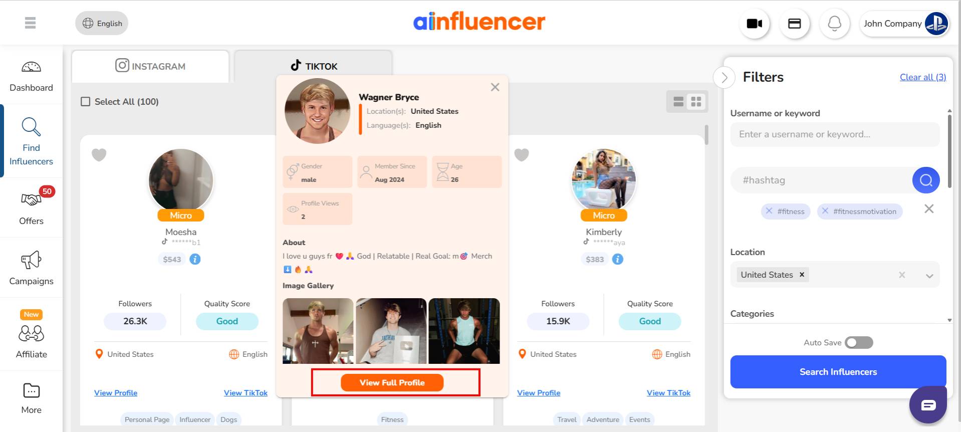 influencer’s key information on Ainfluencer